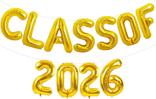 TONIFUL Gold Class of 2026 Graduation Balloon Banners Foil Balloons Decorations 2026 Congrats Grad Balloons for Class of 2026 Congratulation Graduations Party Supplies