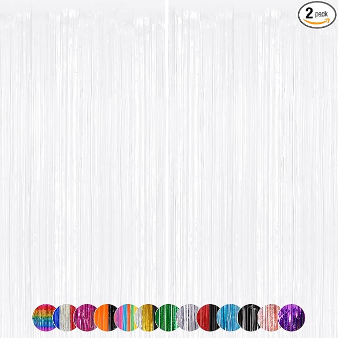 White Metallic Tinsel Foil Fringe Curtains Backdrop 2Pack 3.3x8.3Ft White Party Streamers for Birthday Party Decorations Halloween Christmas Decors Foil Curtain Backdrop for Bachelorette Wedding