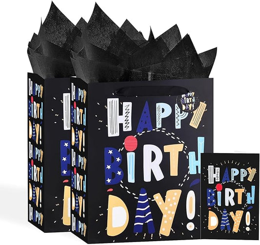 Powbrace 13" Black Happy Birthday Bag with Tissue Paper and Greeting Card for Party,Happy Birthday Gift Bag for Men, Boys, Kids, Gift Bags Medium size (2 PCS Black,Gift Bag)