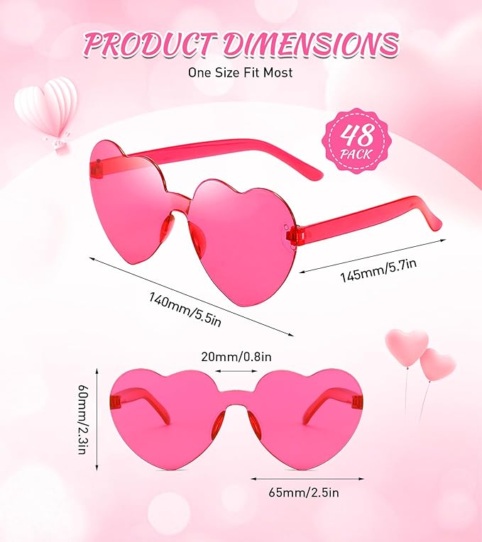 Matcheck 48 Pack Heart Rimless Sunglasses Frameless Colored Party Glasses Transparent Fun Eyewear for Adult