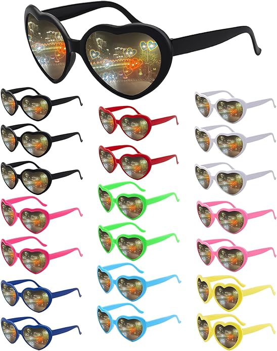 20 Pairs Heart Sunglasses for Women Men Heart Effect Diffraction Glasses Oversized Cute Eyewear Rave Party Bulk