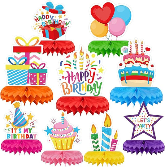 9 Pieces Birthday Table Decorations, Happy Birthday Decorations & Table Centerpieces for Kids Party Supplies, Colorful Honeycomb Table Toppers for Birthday Party
