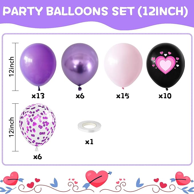 Pink Purple Black Balloons, 50PCS 12 Inch Black Macaron Metallic Purple Pink Birthday Heart Printed Balloons for Princess Theme Birthday Decorations Baby Shower Party