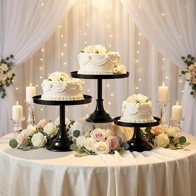 3 Pcs Metal Round Cake Stand Set 8“10”12" Cake Display Stand Dessert Cupcake Display Tray for Graduation,Wedding,Birthday,Party,Baby Shower,Anniversary,Ceremony,Christmas (Black)