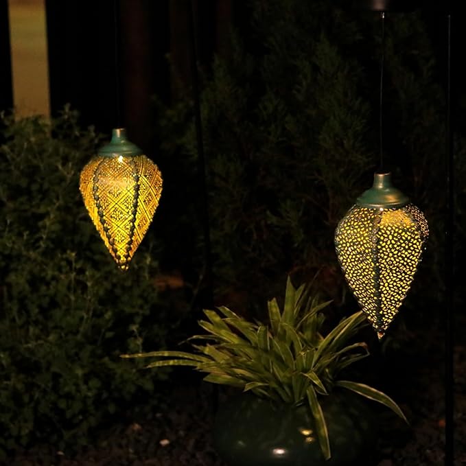 Solar Outdoor Lanterns- Hanging Lights, Set of 2 Moroccan Style Garden Party Decorative Rechargeable Lantern, Hurricane Lamps are Great for Front Porch, Patio and Yard