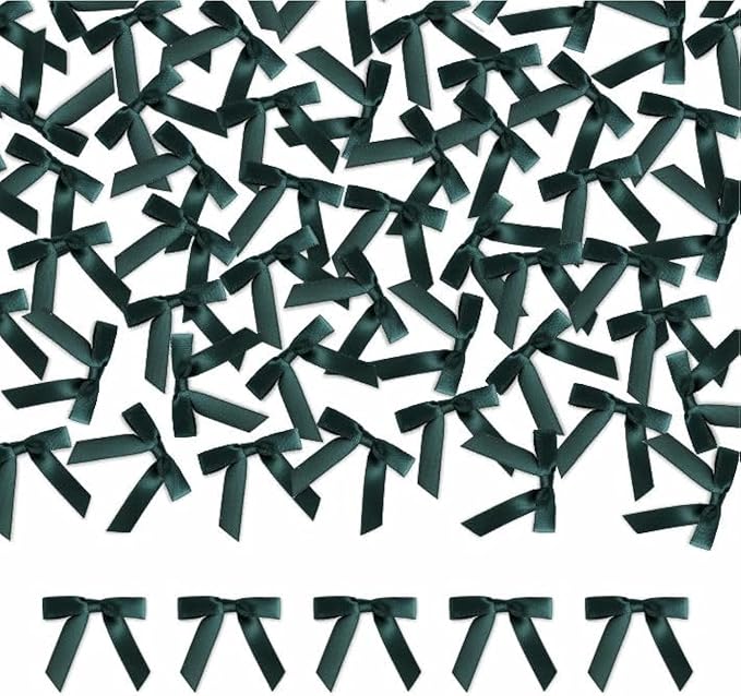 Meseey 100 Pcs 1.5 Inches Premade Craft Bows Self Adhesive Dark Green Satin Ribbon Bows for Treat Bags Gift Wrapping Basket Wedding Baby Shower Brithday Party(Dark Green)