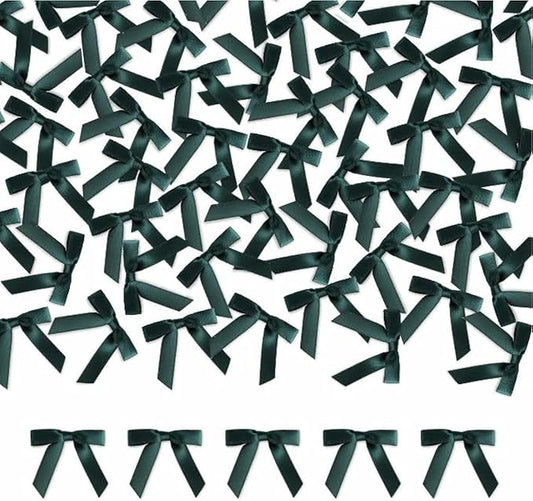 Meseey 100 Pcs 1.5 Inches Premade Craft Bows Self Adhesive Dark Green Satin Ribbon Bows for Treat Bags Gift Wrapping Basket Wedding Baby Shower Brithday Party(Dark Green)