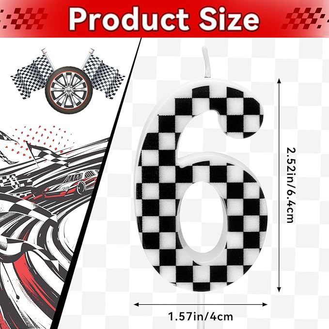 Racing Car Themed Birthday Candles, Number 6 Checkered Candles, Black & White Checkered Cake Decoration, Car Cake Topper for Party Decoration Theme Party Supplies