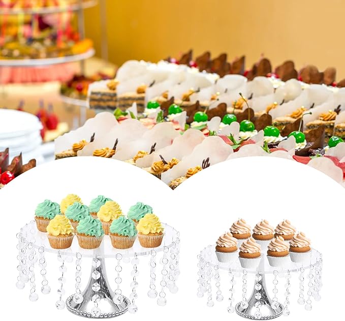 4PCS Crystal Silver Cake Stands Set, Decorative Metal Cake Holder, Round Cake Stand, Serving Plate Dessert Table Display, for Baby Shower Wedding Brithday Party Celebration Home Decoration