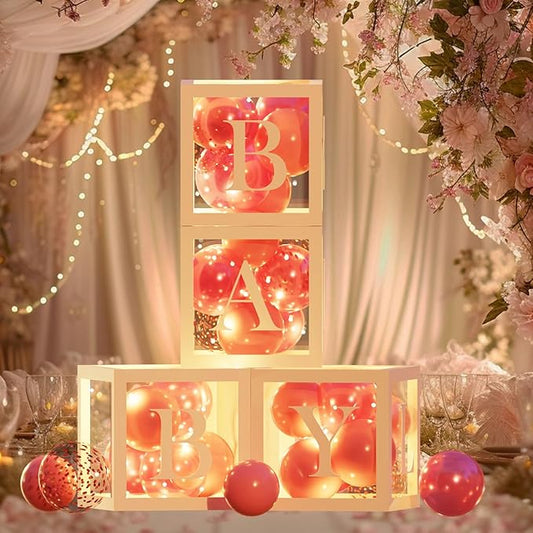 Baby Girl Balloon Boxes 4pcs Clear Baby Blocks With Letters 4 Pack Led Fairy String Lights And 36pcs Balloons For Princess, Bunny And Berry Sweet Baby Shower Pink Fairy Shower Decorations