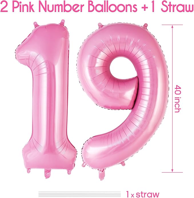 Pink Number 19 Balloon, 40 Inch Big Large Foil Helium Number Balloons, Giant Mylar Number 19 Balloons for 19 Years Old Birthday Party Decorations Supplies Anniversary