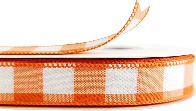 Meseey 7/8 Inch x10 Yards Orange White Gingham Plaid Buffalo Check Wired Ribbon for Easter Spring Fall Christmas Holiday Party Crafts