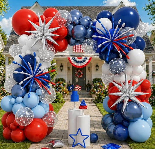 ALL-IN-1 Red White and Blue Balloon Arch Kit, 4th of July Balloon Garland with Patriotic Star Long Balloons for Independence Memorial Veterans Day Baseball Nautical Birthday Graduation Decorations