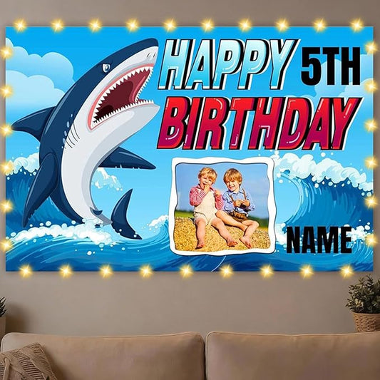 Dicodes Custom Shark Happy Birthday Party Decorations Supplies Personalized Shark Ocean Themed Birthday Backdrop Banner