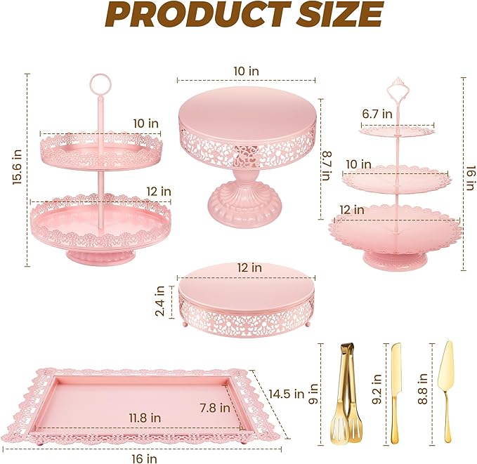 Pink Dessert Table Display Set Cake Stand, Metal Tiered Cupcake Holder Food Candy Plate Serving Tower Tray Platter With Tong, Cake Knife and Server Set For Wedding Baby Shower Celebration Decor 11PCS
