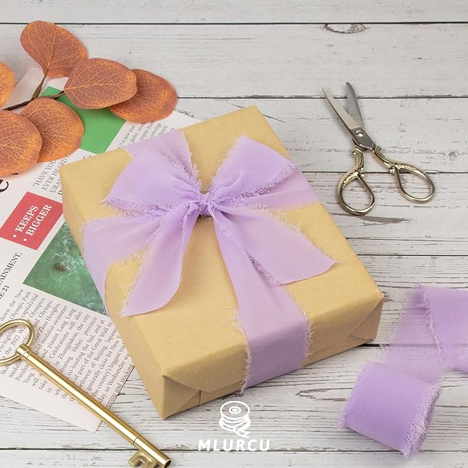 Lavender Chiffon Ribbon - 1-1/2 Inch x 21 Yards, Handmade Fringe, Lilac Chiffon Silk, Boho Frayed, Light Purple for Wedding Invitation, Bridal Flower Bouquets, Gift Wrapping