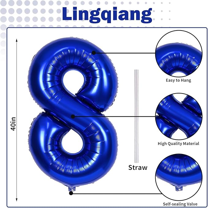 Navy Bluen Balloon Number 8, 40 Inch Large Self Inflating Royal Blue Foil Number Balloons 0-9, Dark Blue Digital 8 Helium Balloon for 8th Boys Men Birthday Party Anniversary Decorations