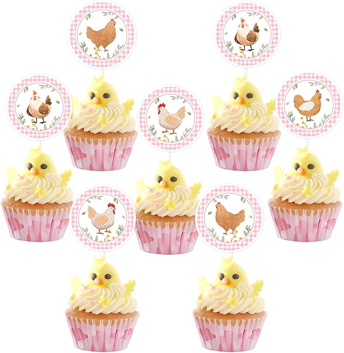 Cheereveal Chicken Birthday Party Decorations, 24pcs Chick Theme Cupcake Toppers Pink, Barnyard Farm Animal Theme Birthday Baby Shower Party Supplies for Girls