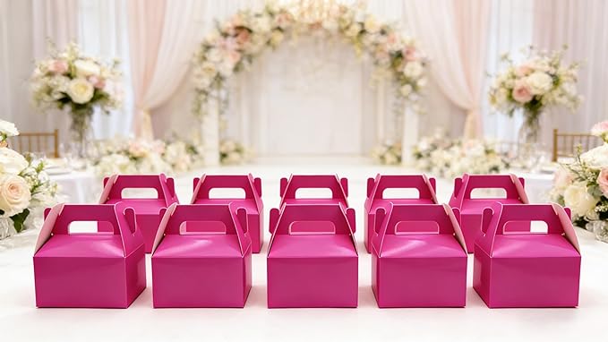 XAGLVV 24 Pack Hot Pink Paper Gable Boxes,6.2 Inch Candy Boxes with Handle, Snack Party Favor& Gift Cookie bags for kids Birthday,Wedding, Baby Shower, Graduation.
