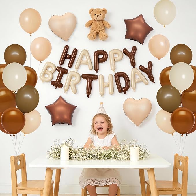 Cream Brown Birthday Decorations,Brown and Nude Balloons Happy Birthdays Banner Balloon Heart and Star Foil Balloons for Men Boy Birthday Baby Shower Party Decorations