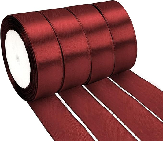 4 Rolls Burgundy Satin Ribbon - 1in x 25yd, Dark Red Silk for Weddings, Birthdays & Gift Baskets