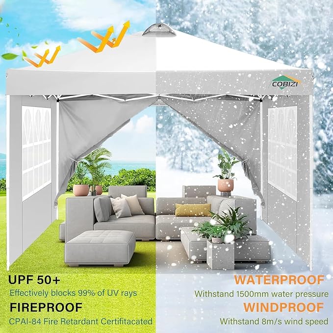 COBIZI 10x10 Pop Up Canopy Tent, One Push Outdoor Gazebo with 4 Removable Sidewalls & Air Vent, Waterproof Commercial Easy Up Adjustable Canopy with 4 Sandbags, 4 Stakes & 8 Ropes for Party, White