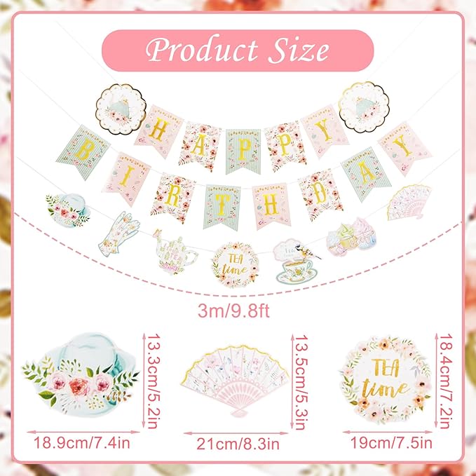 SUNBEAUTY Floral Tea Party Birthday Decorations Tea Happy Birthday Banner Floral Garland Birthday Hanging Banner for Baby Bridal Shower Spring Garden Tea Party Decorations | Pre-Strung
