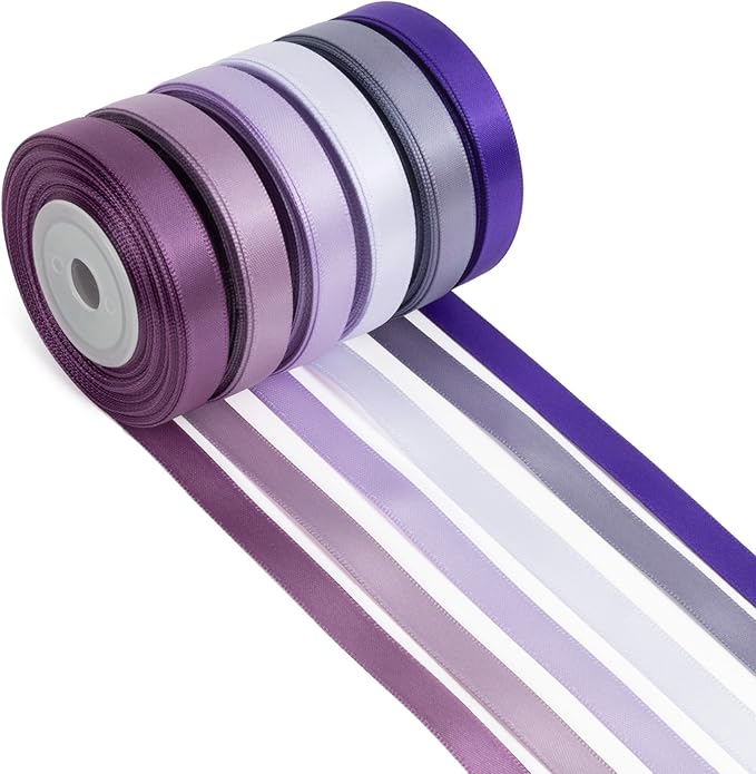Thin Purple Ribbon 3/8 Inch x 60Yds Assorted Lavender, Lilac, Dark Purple, Double Faced Satin Ribbon for Flower Bouquet, Gift Wrapping, Wedding Invitation, Bridal Shower, Hair Bows, Gift Bags, Crafts