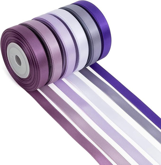Thin Purple Ribbon 3/8 Inch x 60Yds Assorted Lavender, Lilac, Dark Purple, Double Faced Satin Ribbon for Flower Bouquet, Gift Wrapping, Wedding Invitation, Bridal Shower, Hair Bows, Gift Bags, Crafts