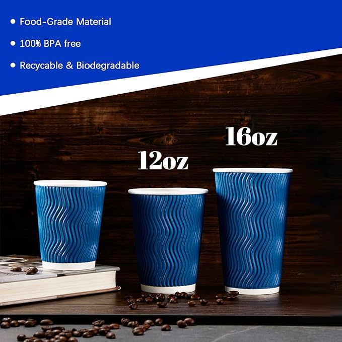 Lamosi 500-Count 12 oz Insulated Paper Coffee Cups Bulk, Disposable Corrugated Cups 12oz, Kraft Ripple Wall Design for Hot Beverage or Cold Drink Office Home Party Travel Cafe (Navy)