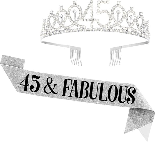 45th Birthday Sash and Tiara for Women, 45 & Fabulous Sash and Crown, 45th Birthday Decorations Gifts for Woman Queen Party Favors Supplies, Silver