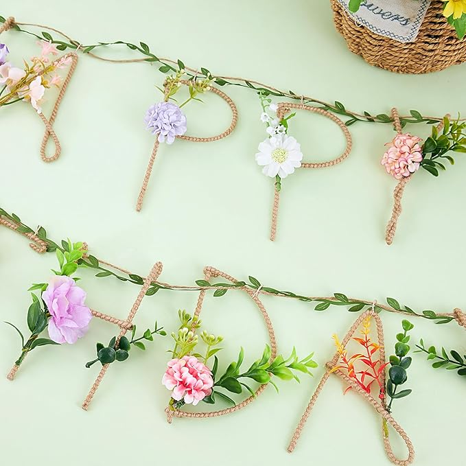 SUNBEAUTY 2 Pcs Wildflower Birthday Party Decorations 13.2FT Sturdy Hemp Rope Metal Happy Birthday Banner Handmade Hanging Banner 3D Garland Garden Tea Party Floral Decorations for Girls Women Baby