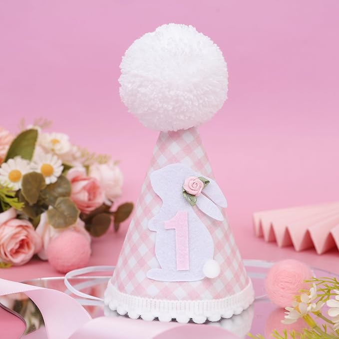 Some Bunny Is One Birthday Hat - Bunny 1st Birthday Decorations For Girls, Spring 1st Bday Decor, Easter Bday Crown, Pink Gingham First Bday Party Hat