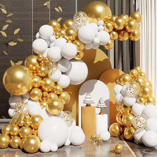 White and Gold Balloons Arch Kit, 131Pcs Gold Latex Balloons Different Size, Gold and White Balloons for Wedding, Engagements, Birthday, Bridal Shower, Anniversary