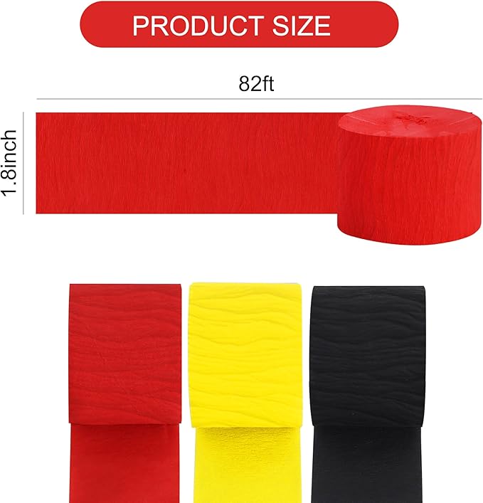 BEISHIDA 6 Rolls Red Yellow and Black Crepe Paper Streamers for Mouse Theme Graduation Halloween Birthday Party Decorations Decor DIY Craft Paper (1.8 Inch x 82 Ft/Roll)