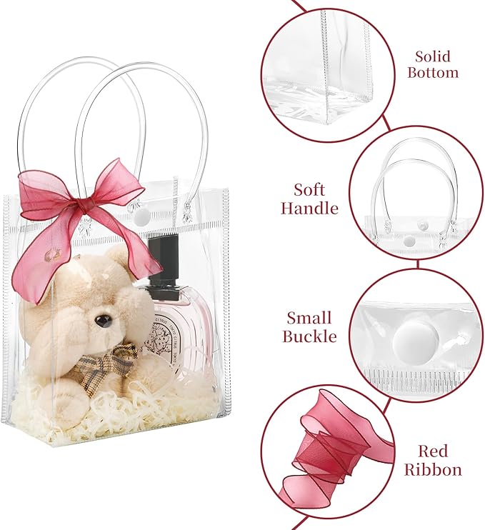 Jutieuo 50 PCS Clear Plastic Gift Bags with Handles, 4.9 x 5.9 x 2.8 inches Small Reusable Transparent Party Favor Bags PVC Goodie Bags Bulk for Weddings, Baby Showers, Birthdays