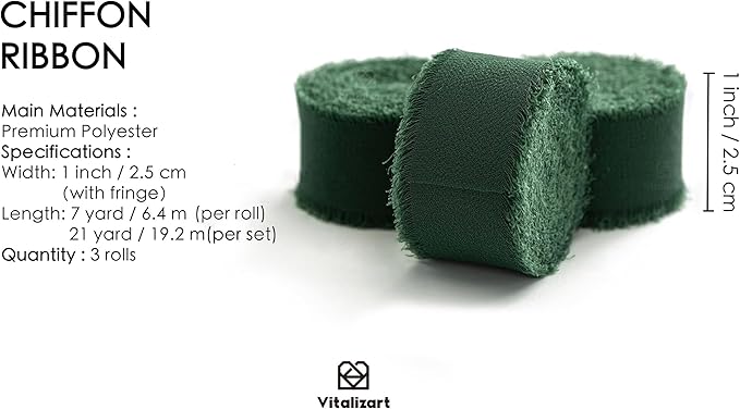 Vitalizart Dark Green Chiffon Silk Ribbon 1" x 21 Yd Fringe Fabric Package (3 Rolls * 7 Yd) for Wedding Invitations Bridal Bouquets Decorations Gifts Wrapping & Bow Making