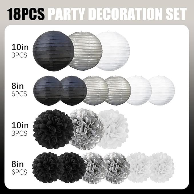 18 PCS Black White Silver Paper Lanterns & Tissue Paper Pom Poms for Men's Birthday, Graduation 2026, Wedding, Hanging Paper Decor for Indoor Outdoor Events Theme Party Supplies