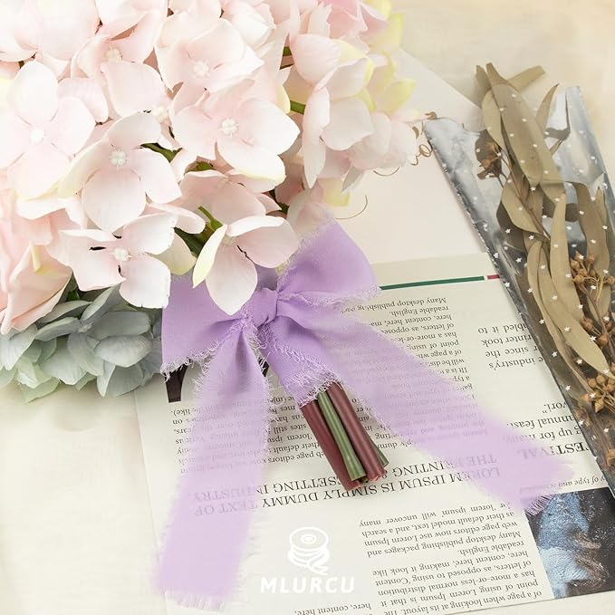 Lavender Chiffon Ribbon - 1-1/2 Inch x 21 Yards, Handmade Fringe, Lilac Chiffon Silk, Boho Frayed, Light Purple for Wedding Invitation, Bridal Flower Bouquets, Gift Wrapping