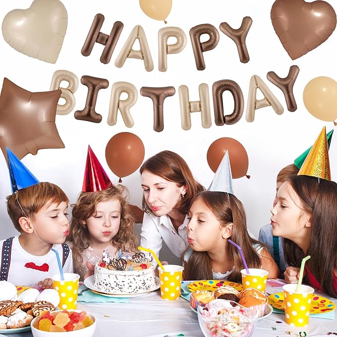 CANREVEL Happy Birthday Balloons Banner 16 Inch Mylar Foil Letters with Star & Heart Balloons Birthday Party Decorations for Men and Women - 29 Pcs Caramel chocolate