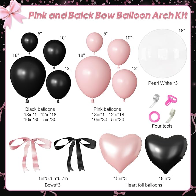 157Pcs Pink Black Balloon Garland Arch Kit, Baby Pink and Black Birthday Decorations with Bows Heart Foil Balloons for Girls Women Coquette Theme Birthday Wedding Bridal Baby Shower Party Decorations