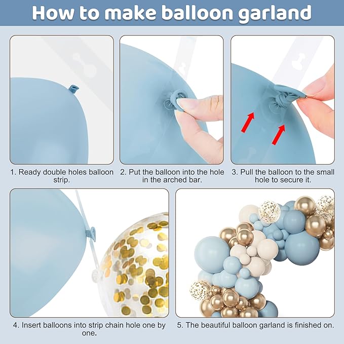 Amandir 153pcs Dusty Blue Balloon Garland Arch Kit, Different Sizes 18 12 10 5 inch Blue White Sand Latex Metallic Confetti Gold Balloons Baptism Birthday Boho Baby Shower Party Decoration Supplies