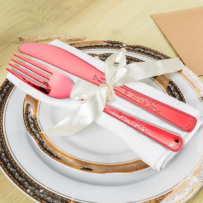 180 Pack Disposable Rose Red Plastic Silverware Contain 60 Forks,60 Spoons,60 Knives, Solid and Durable Plastic Cutlery Utensils Set Perfect for Parties,weddings.