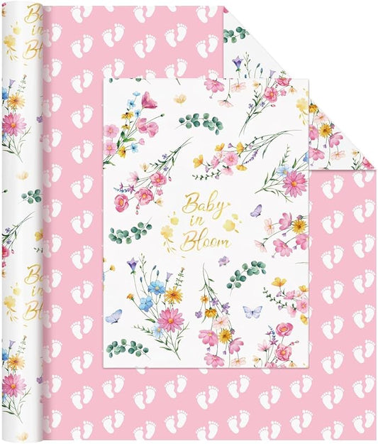 WERNNSAI Baby Wrapping Paper - 1 Roll 17” x 33 ft Baby Shower Wrapping Paper Pink Floral Gift Wrap Reversible New Born Girls 1st Birthday Present Packing Cute Foot Prints Design