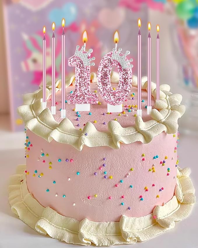 Birthday Candles for Cake, Pink Number Candles, Cake Candles with Greeting Card for Birthday Party Wedding Anniversary Celebrations (0 Candle, Silver Crown)