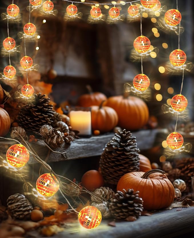 AceList Orange Disco Ball Decor 20 LED 9.8Ft String Light - Battery Powered and USB Plug, Fall Decor for 70's Party Decorations and Bachelor Birthday Parties, Mamma Mia