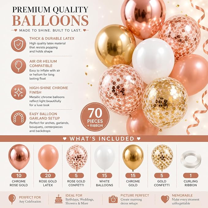 Rose Gold Balloons 70 Pack – Chrome Rose Gold, Gold, White & Confetti 12 Inch Latex Balloons for Birthday, Bridal Shower, Wedding & Balloon Arch Decorations