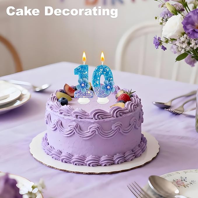 Blue Purple Flower Birthday Number Candles, Flower Theme Party Decorations, Cupcake Decorations, Suitable for Party Celebrations, Boys and Girls Birthday Decorations（1）