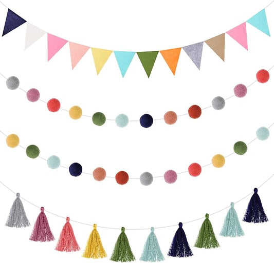 Irenare 9.8 ft Pom Pom Garland Felt Rainbow Garland 2026 Graduation Party Decoration Colorful Pennant Tassel Banner Back to School Birthday Triangle Banner for Classroom School Mantel(Bright Color)