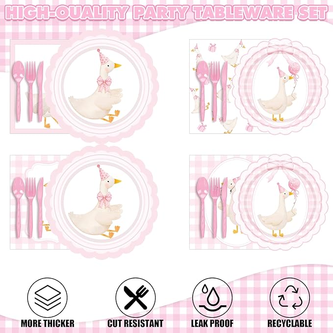 Zhehao 350 Pcs One Silly Goose Birthday Party Tableware Set Scalloped Pink Bow Baby Shower Plates Cup Napkins Forks for Birthday Party Decorations Supplies for 50 Guests